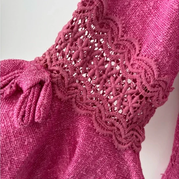 Vintage Pink woven Linen Blend Dress Lace Trim Bell Sleeve Cottagecore 70s 80s - Picture 11 of 12